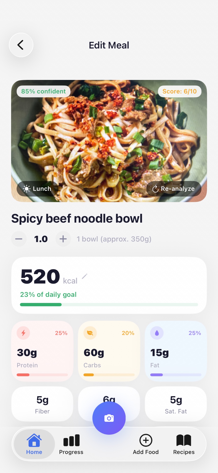 CalGram meal analysis with full nutritional breakdown